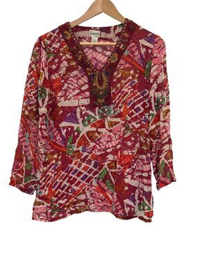 Chicos Multicolor Silk Tunic Top Size 1 Embellished V-Neck 3/4 Sleeve India